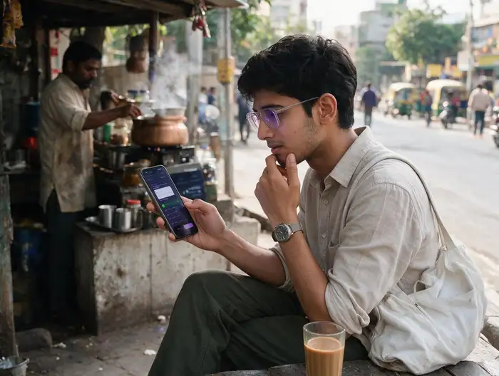 A NEET aspirant thinking over the decision at a chai stall, phone in hand