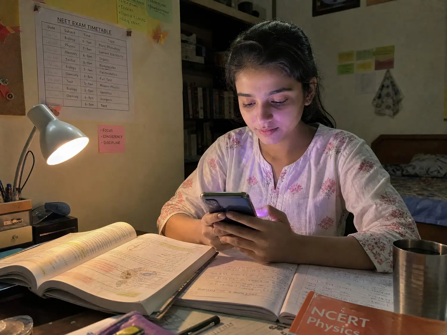 A student working through an NCERT Physics chapter late at night with the app open