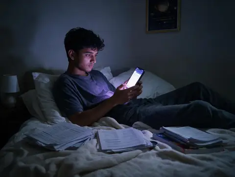 A student surrounded by NEET papers and notes, working through chapters in bed