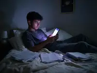 A student surrounded by NEET papers and notes, working through chapters in bed