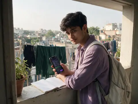 A student self-studying for NEET on a rooftop in the morning light