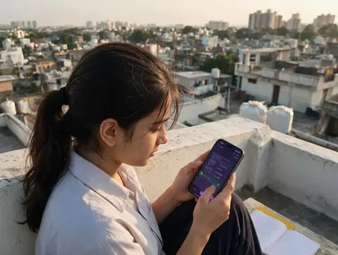 A NEET aspirant practising computer-based questions on a phone, rooftop above the city