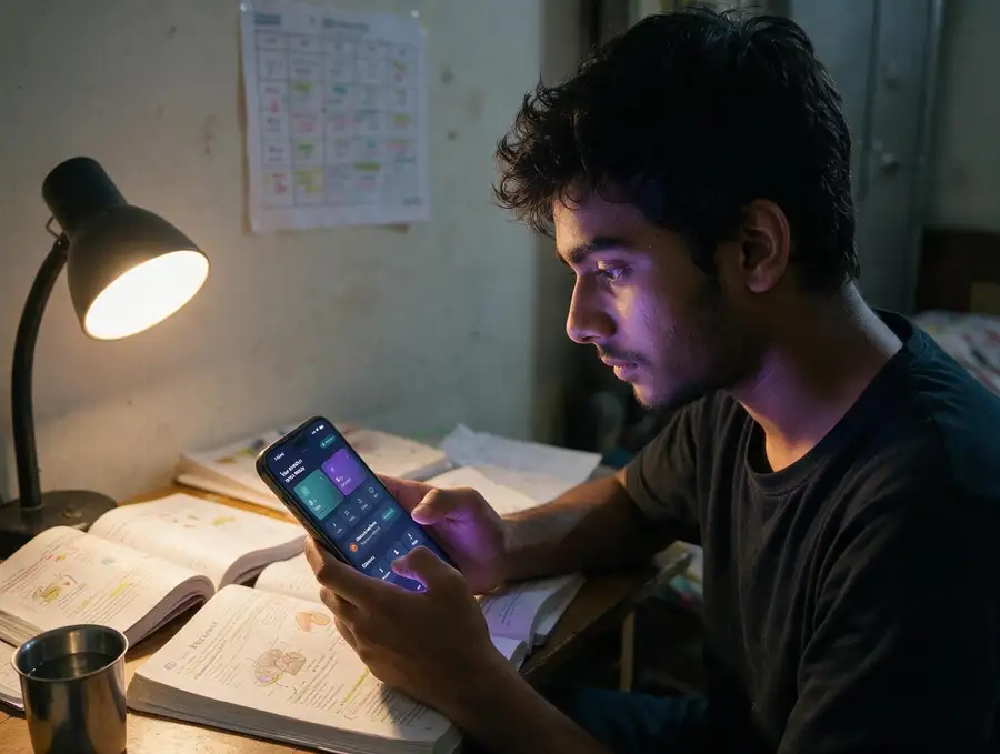 A NEET aspirant studying at a desk lamp late into the night