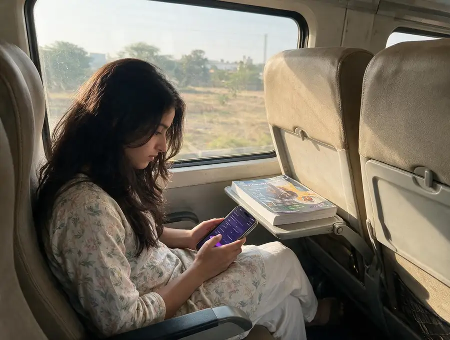 A student practising NEET questions on a phone by a train window