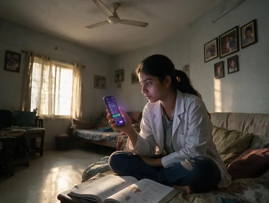 A medical aspirant in a white coat revising Biology at home