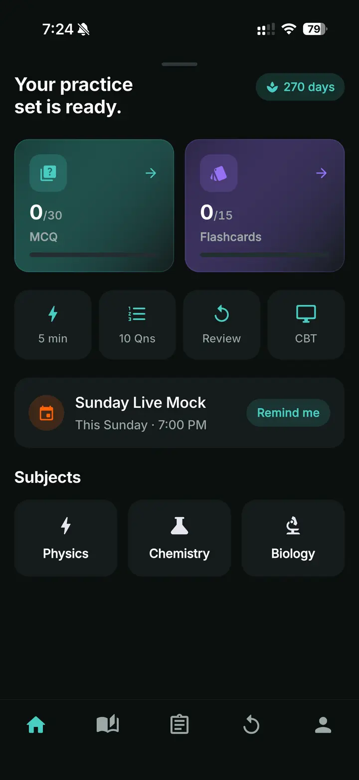 The BrainIt home screen: today's practice set, MCQs, flashcards and a CBT mock